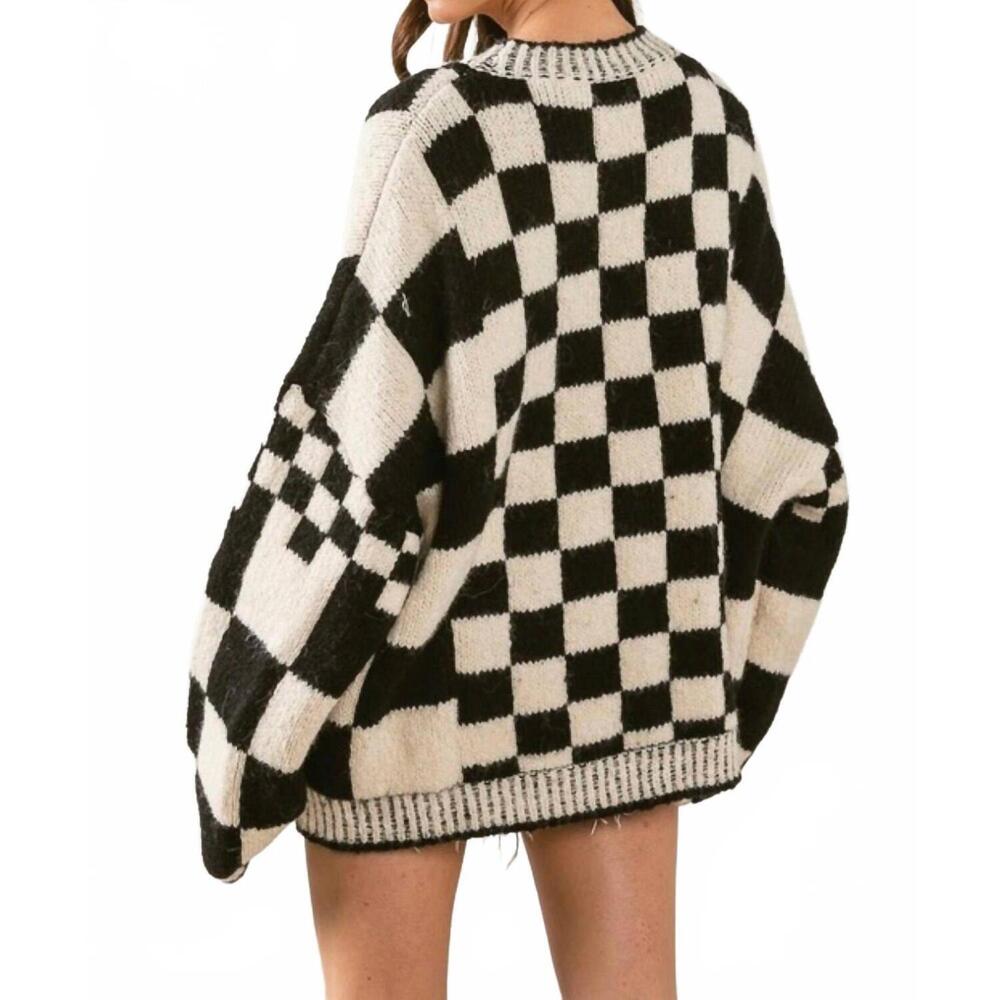 NEW BIBI patch pockets checkered sweater cardigan in black - Picture 2 of 4